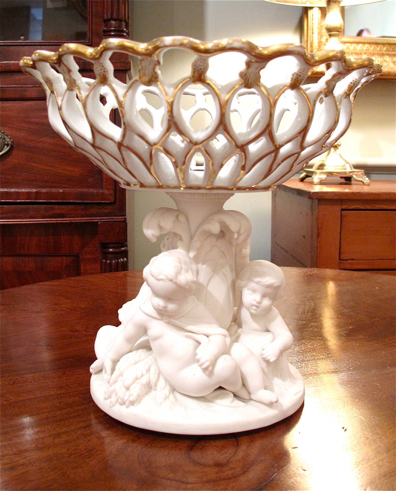 English Minton Compote with Pierced Basket and Putti, 19th Century