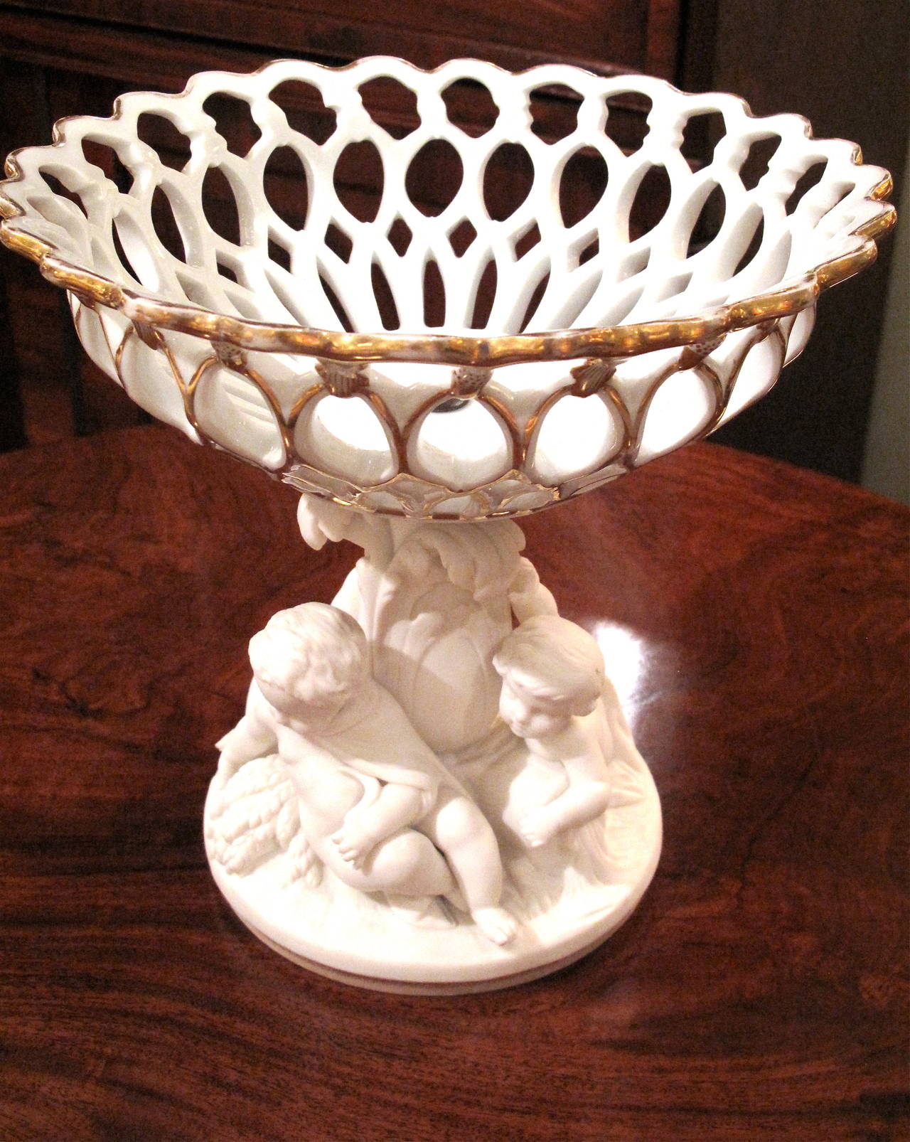 Porcelain Minton Compote with Pierced Basket and Putti, 19th Century