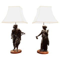 Vintage Pair of French Figural Lamps on Walnut Plinths