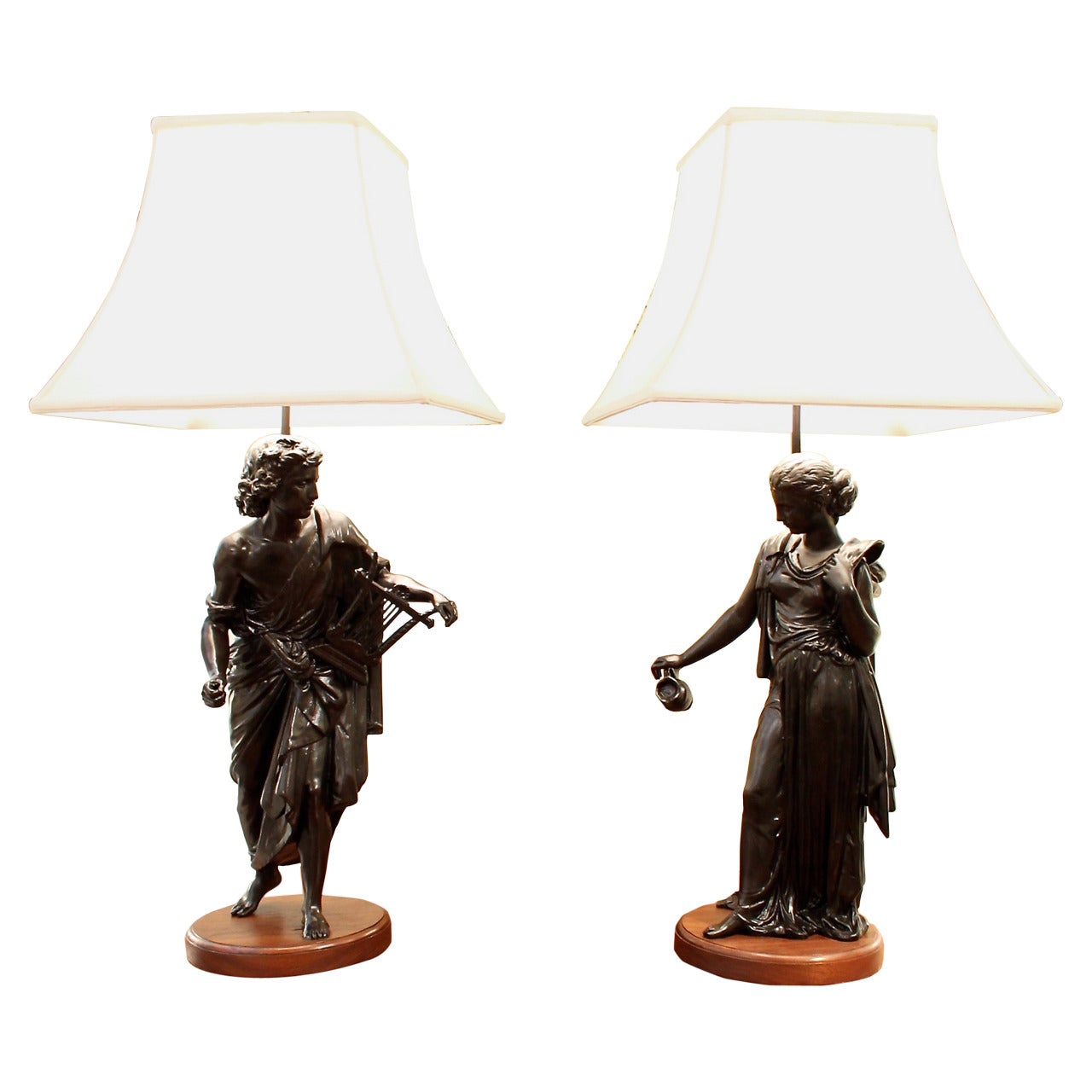 Pair of French Figural Lamps on Walnut Plinths For Sale
