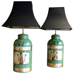 Vintage Pair of Green and Gilt Decorated Tôle Tea Canister Lamps