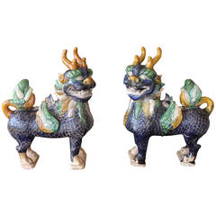 Pair of Large Chinese Antlered Foo Lions or Qilins