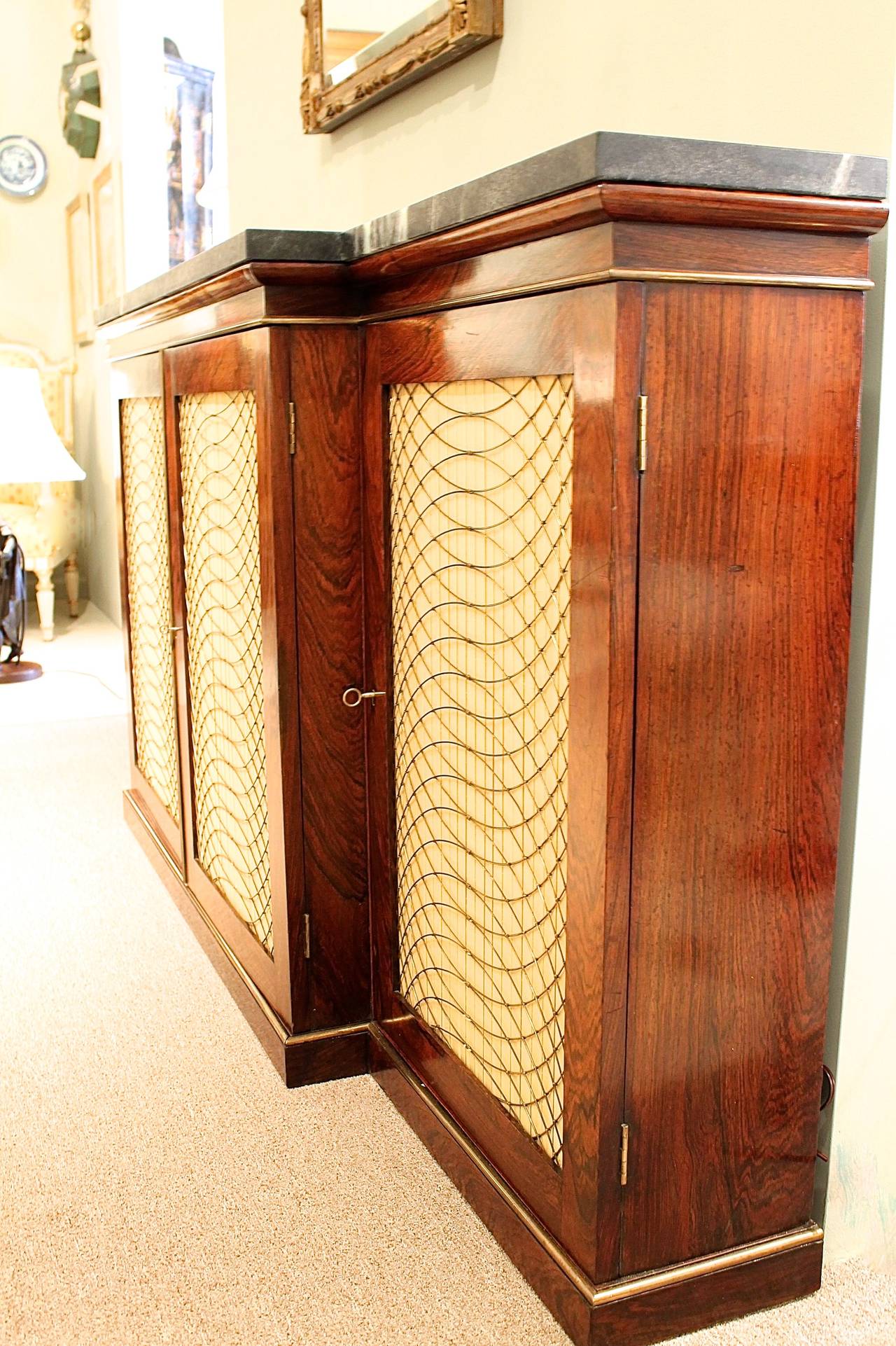 English Regency Rosewood Breakfront Cabinet with Wirefront Doors
