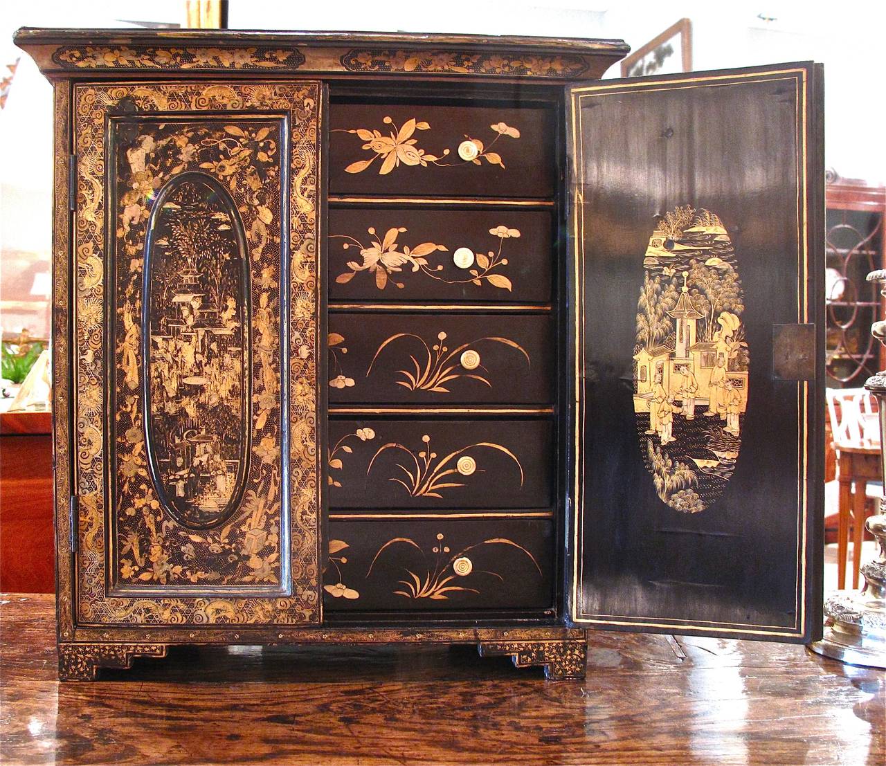 Chinese Export Chinese Black Lacquer Miniature Cabinet, 19th Century