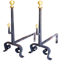 Pair of Wrought Iron and Brass Andirons, Arts and Crafts Period
