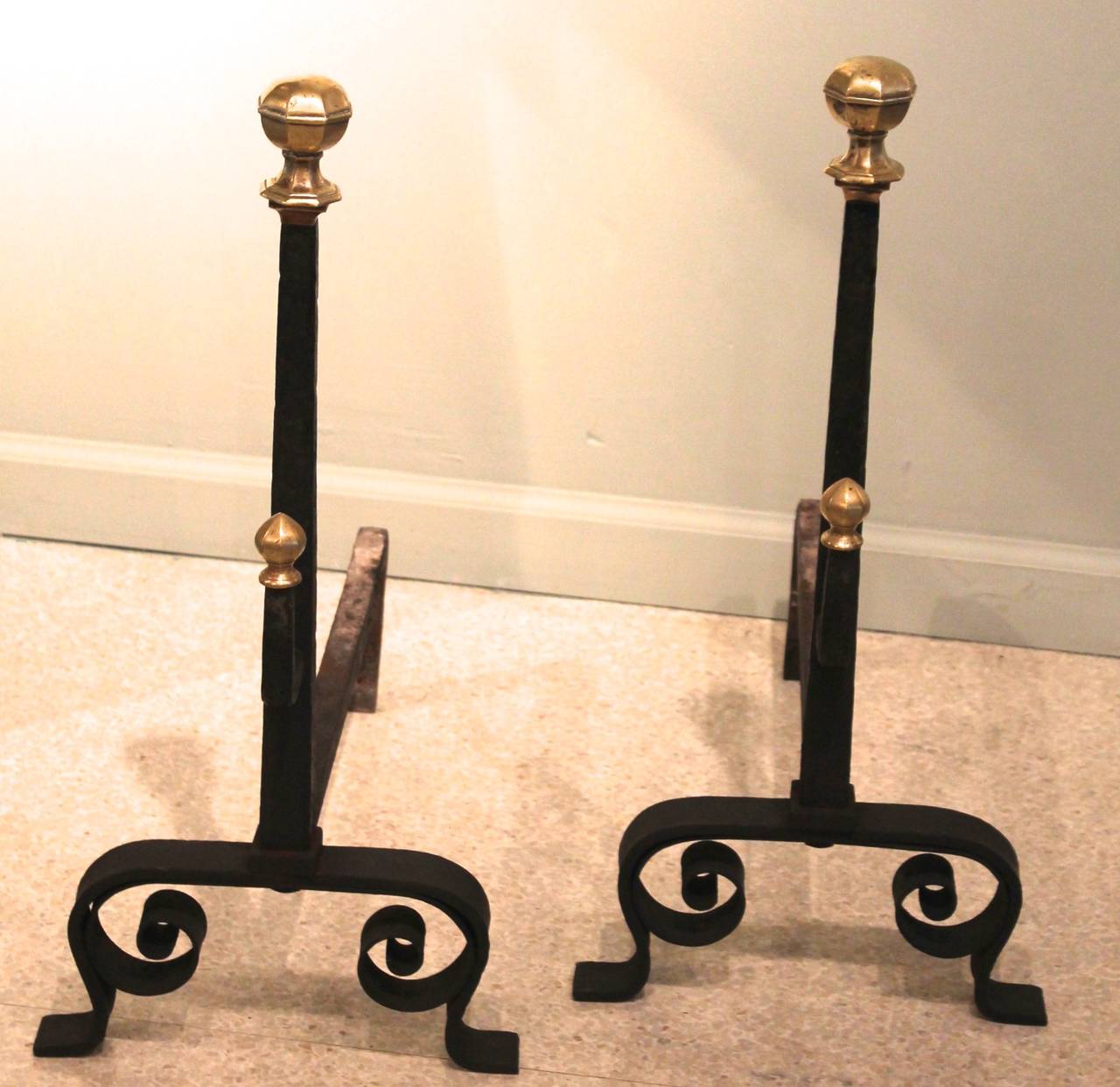 English Pair of Wrought Iron and Brass Andirons, Arts and Crafts Period