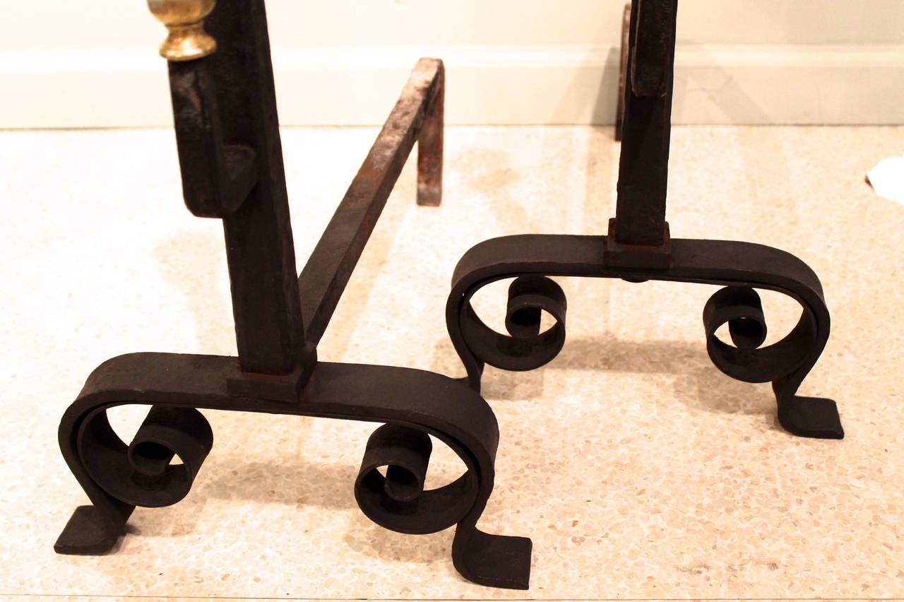 Pair of Wrought Iron and Brass Andirons, Arts and Crafts Period 1