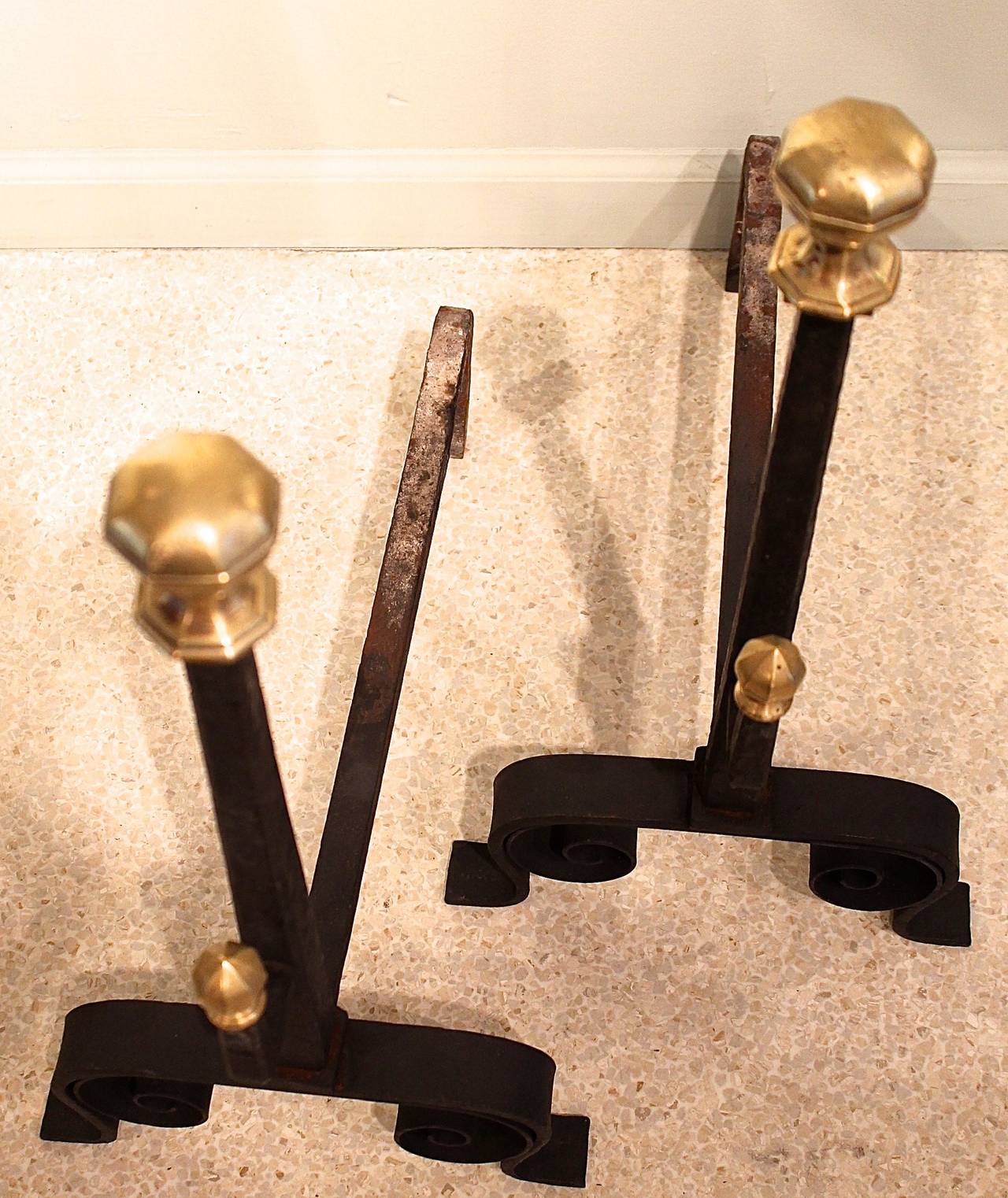 Pair of Wrought Iron and Brass Andirons, Arts and Crafts Period In Good Condition In Charlottesville, VA