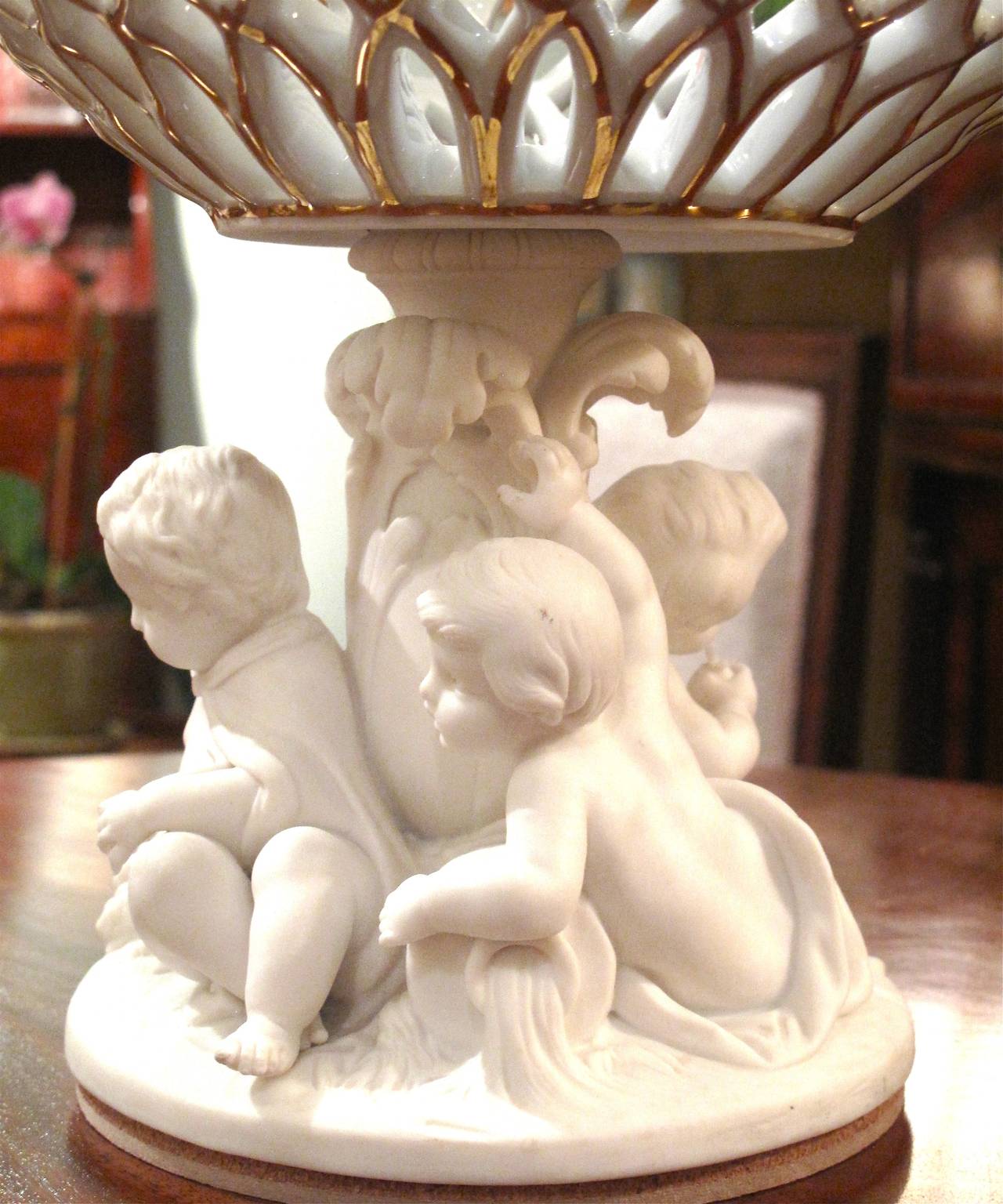 Porcelain Minton Compote with Pierced Basket and Putti, 19th Century For Sale