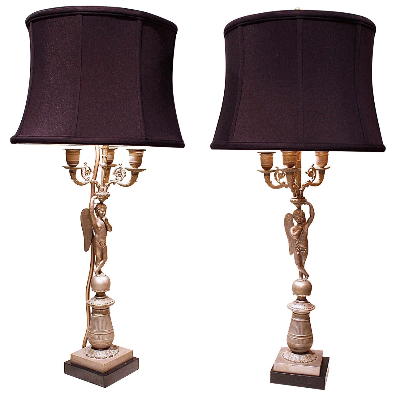 Pair of Continental Pewter Winged Putto Figural Candelabras as Lamps For Sale