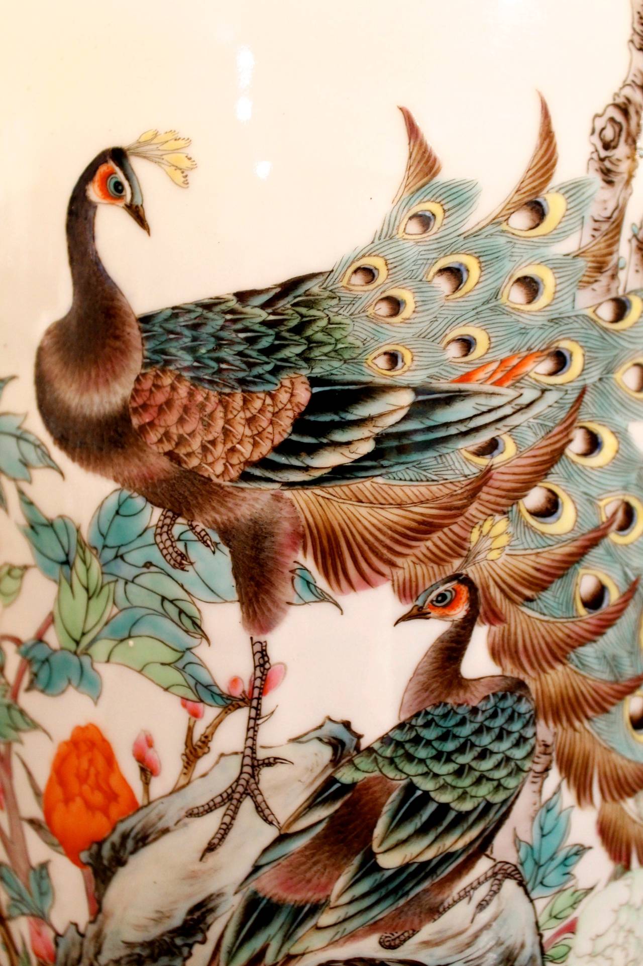 Pair of Chinese Famille Verte Porcelain Baluster Lamps with Peacocks For Sale 1