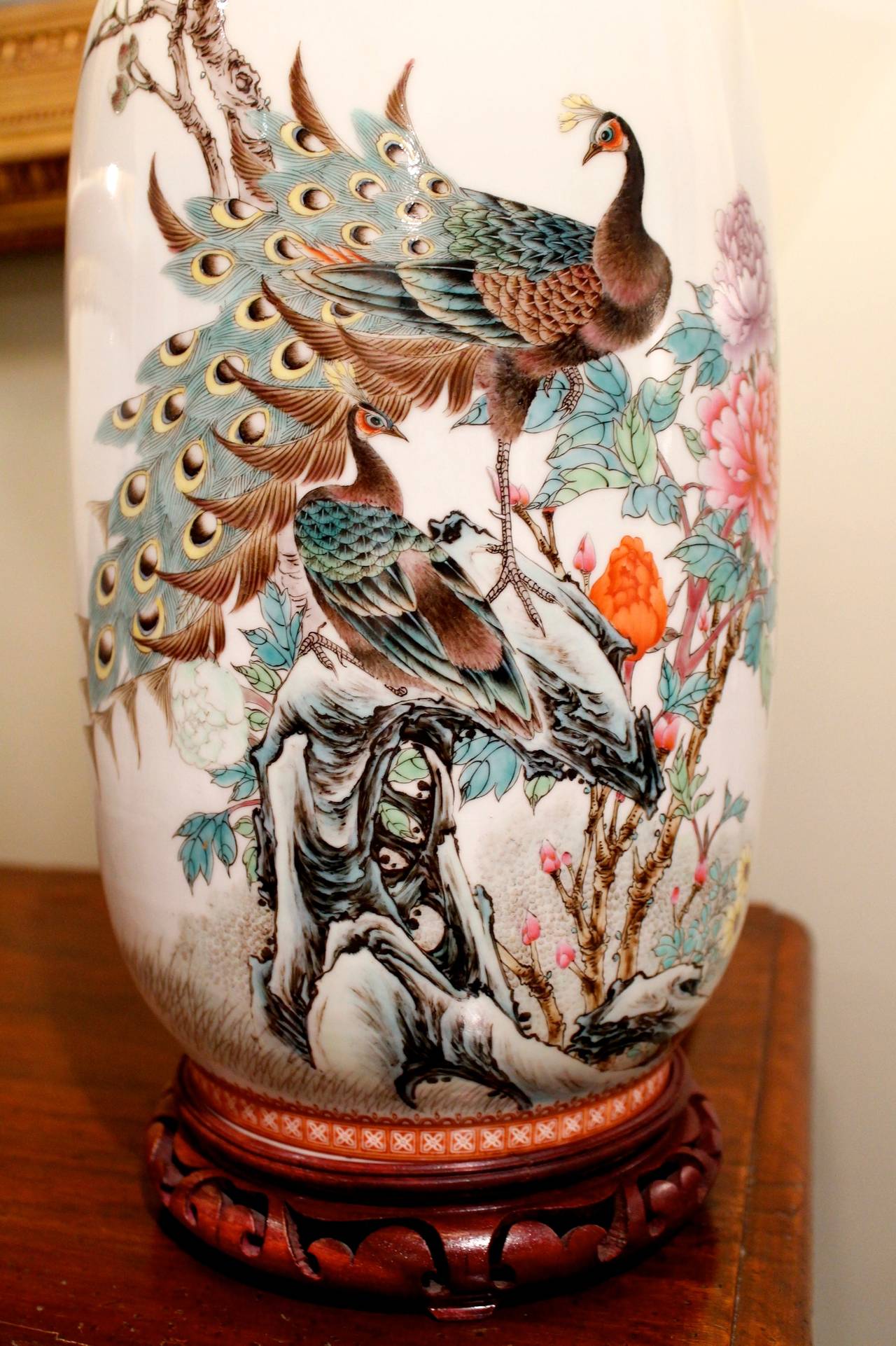 Pair of Chinese Famille Verte Porcelain Baluster Lamps with Peacocks For Sale 3