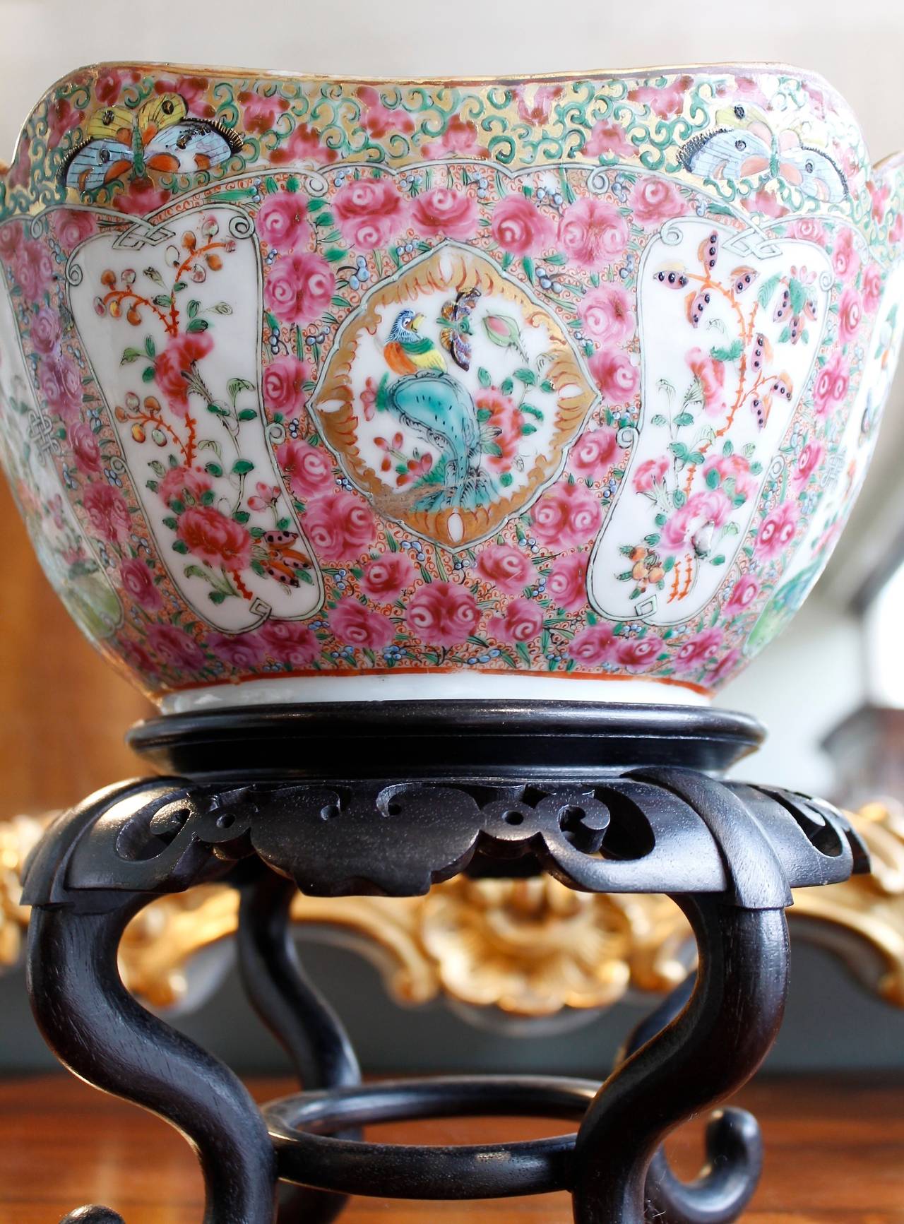 Chinese Rose Canton Cut Corner Bowl on Stand
