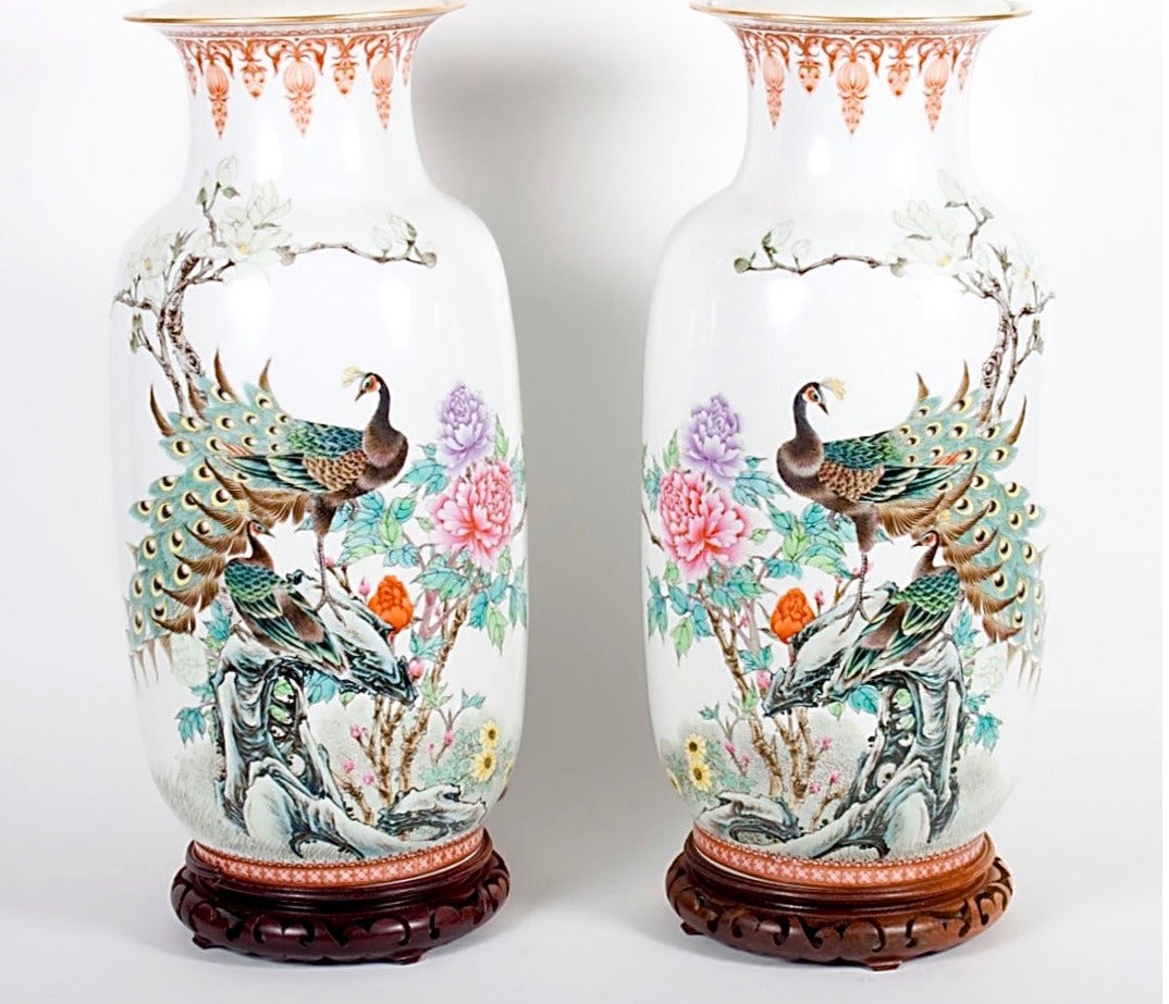 Carved Pair of Chinese Famille Verte Porcelain Baluster Lamps with Peacocks For Sale