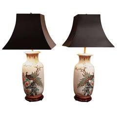 Pair of Chinese Famille Verte Porcelain Baluster Lamps with Peacocks