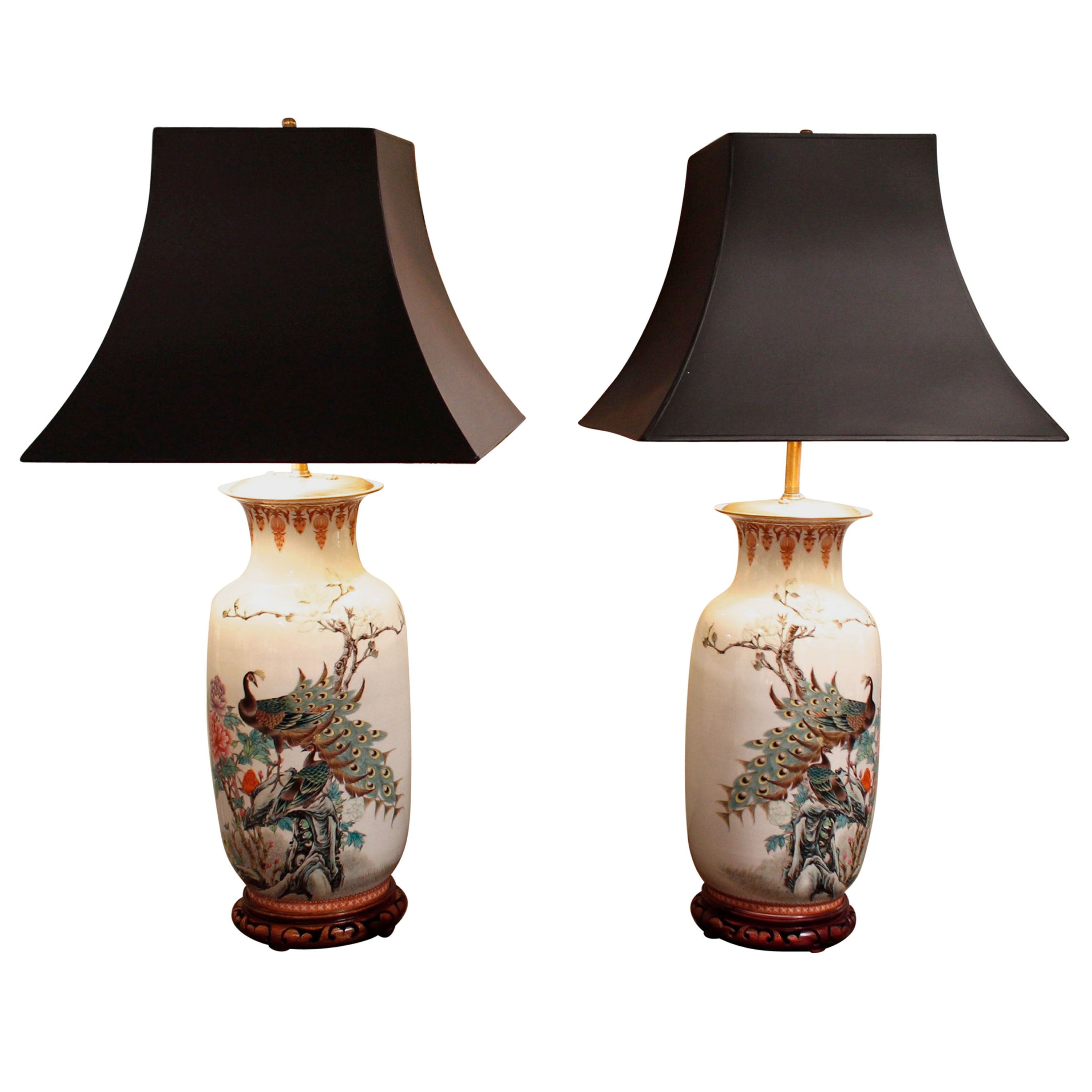 Pair of Chinese Famille Verte Porcelain Baluster Lamps with Peacocks For Sale