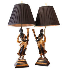 Giltwood and Painted Italian Carved Female Figures, Adapted into Lamps
