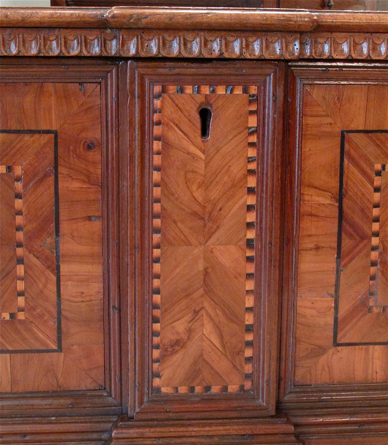 Italian Walnut and Marquetry Dowry Chest or Cassone For Sale 3