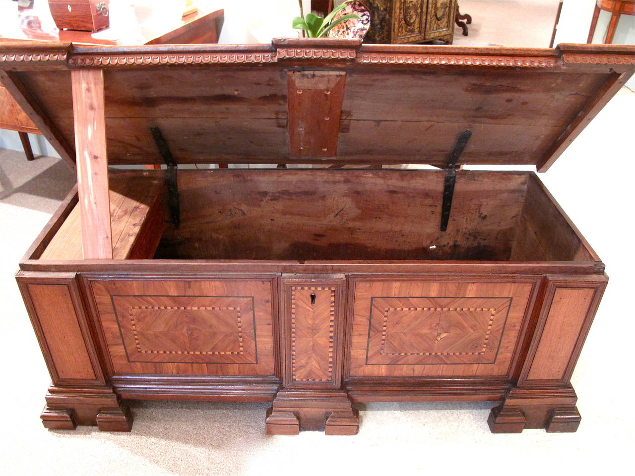 Italian Walnut and Marquetry Dowry Chest or Cassone For Sale 5