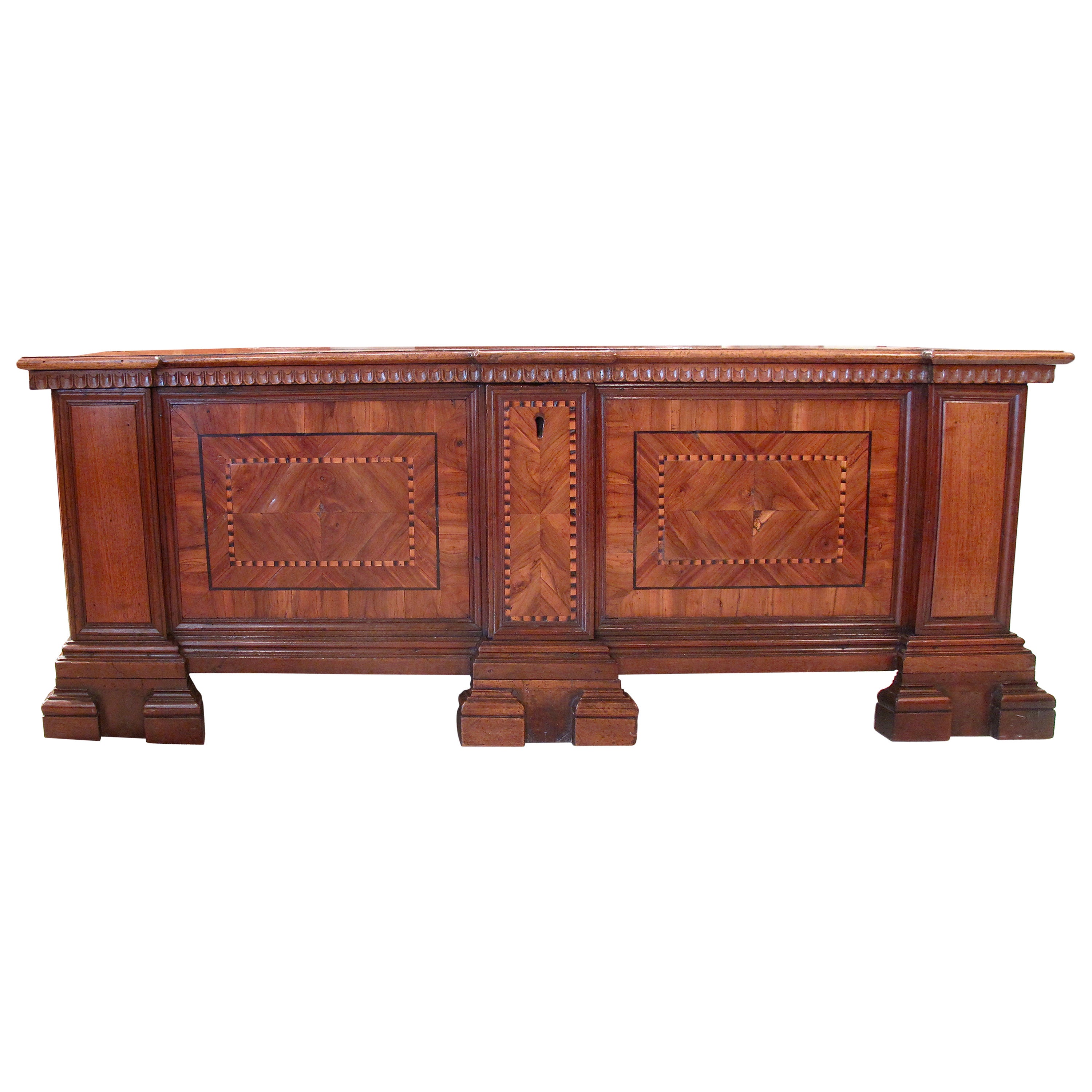 Italian Walnut and Marquetry Dowry Chest or Cassone For Sale