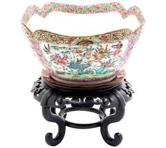 Chinese Rose Canton Cut Corner Bowl on Stand