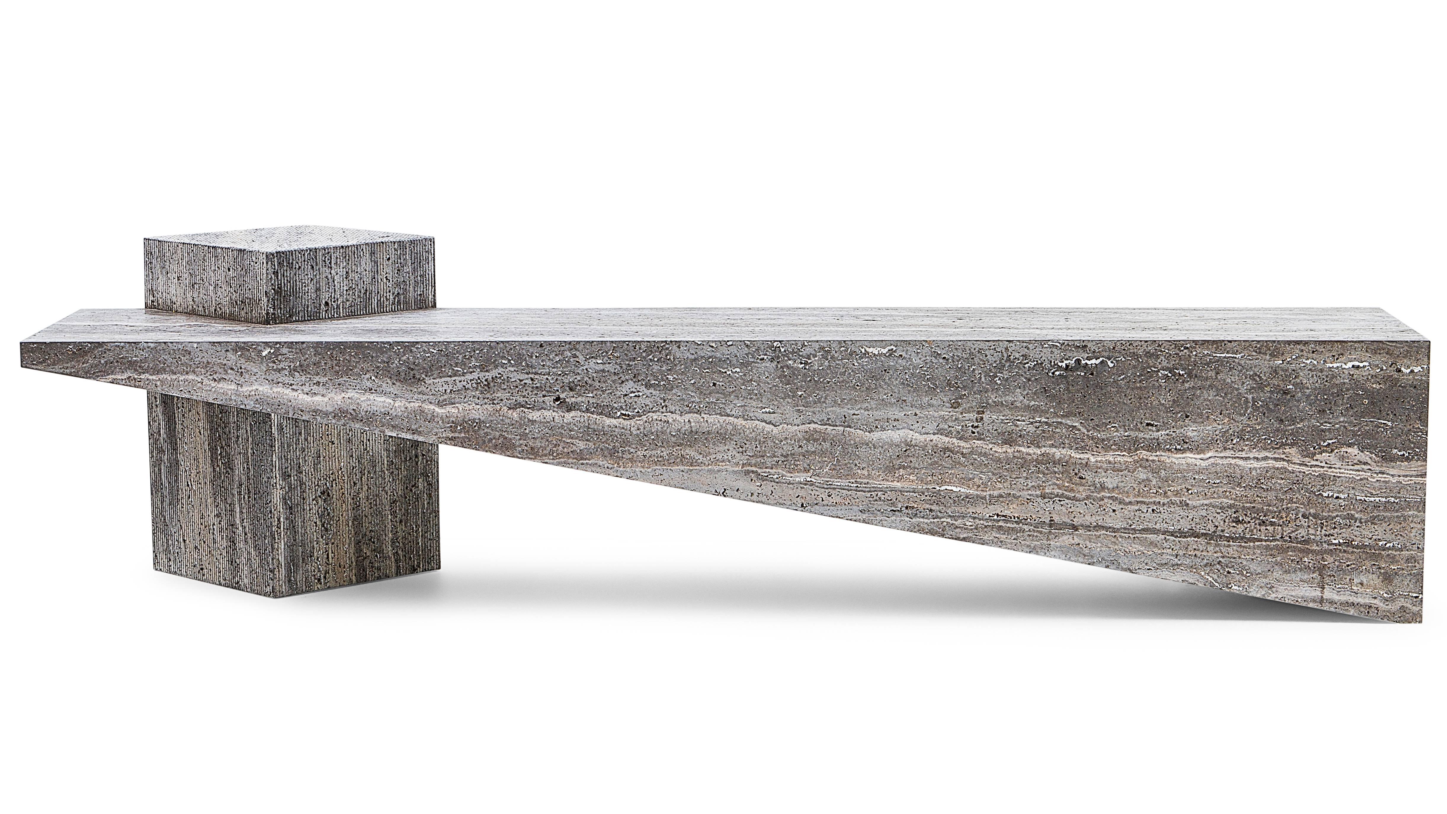 The p.dr bench is made in marble with a small integrated table, which can be used in internal or external areas. This integration is very useful, especially in external areas. It was made of Slimstone, an extra light material, which makes it three