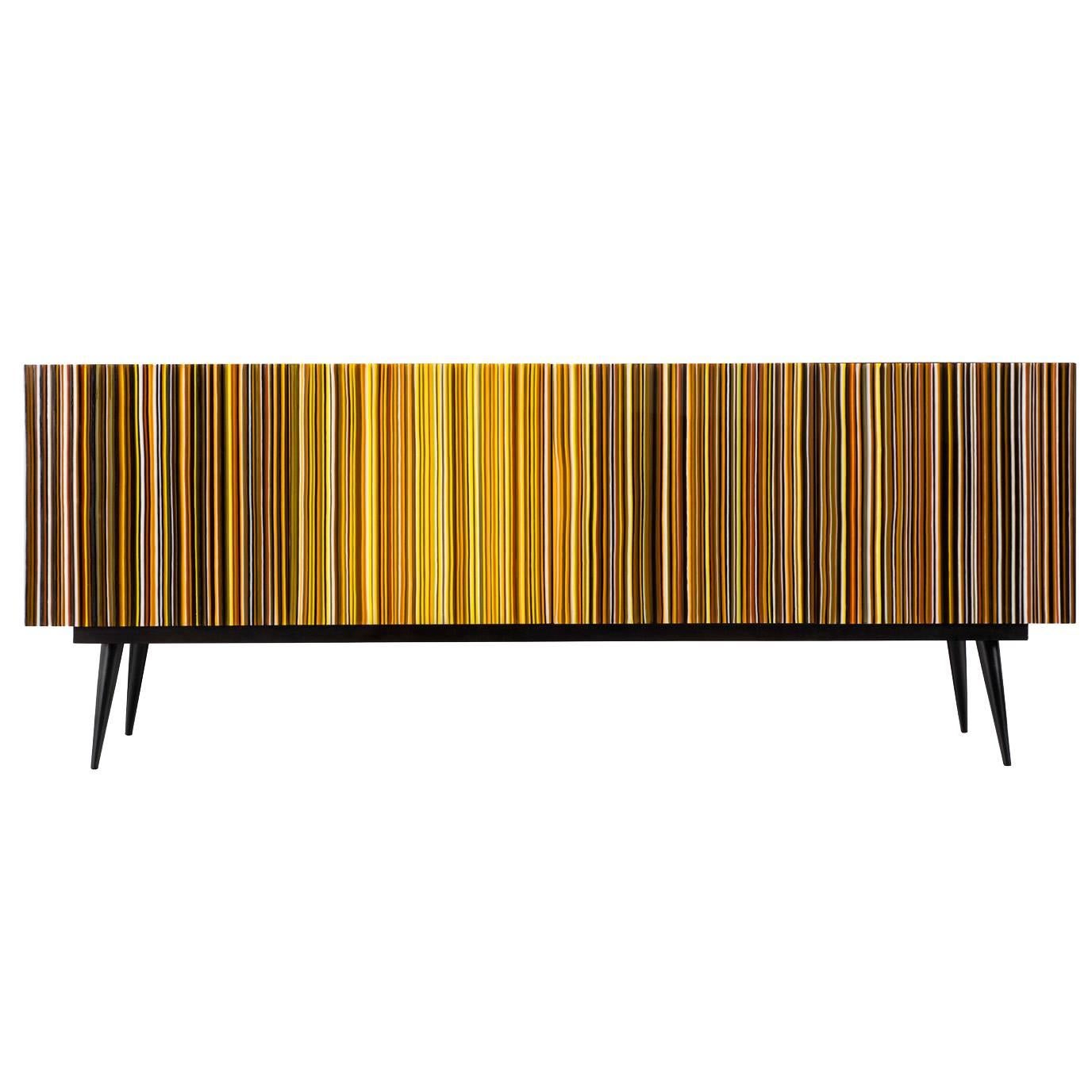 Lacquered Retro Style Buffet Credenza, Barcode Design in Colored Glass For Sale