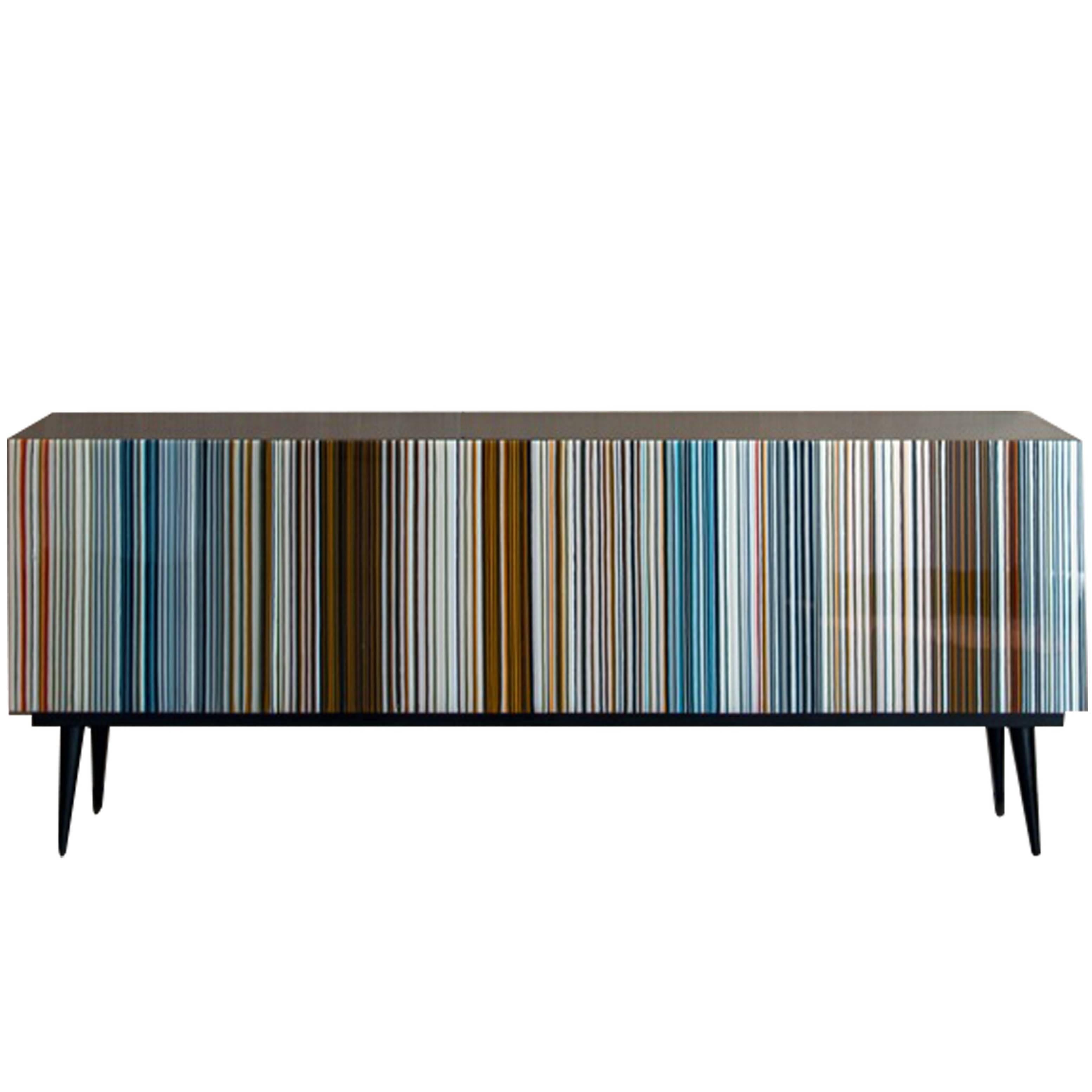 Retro Style Credenza 'Buff-Heyyy', Barcode Warm and Blue Hues Colored Glass