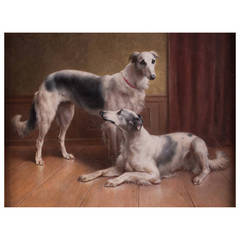 Antique Two Greyhounds Painting by Carl Reichert