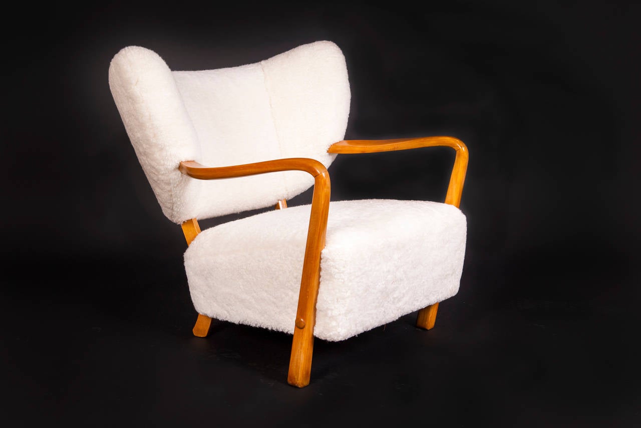 20th Century Danish Cabinetmaker Easy Chairs in Sheepskin and Beech, Attributed to Hos Wulff