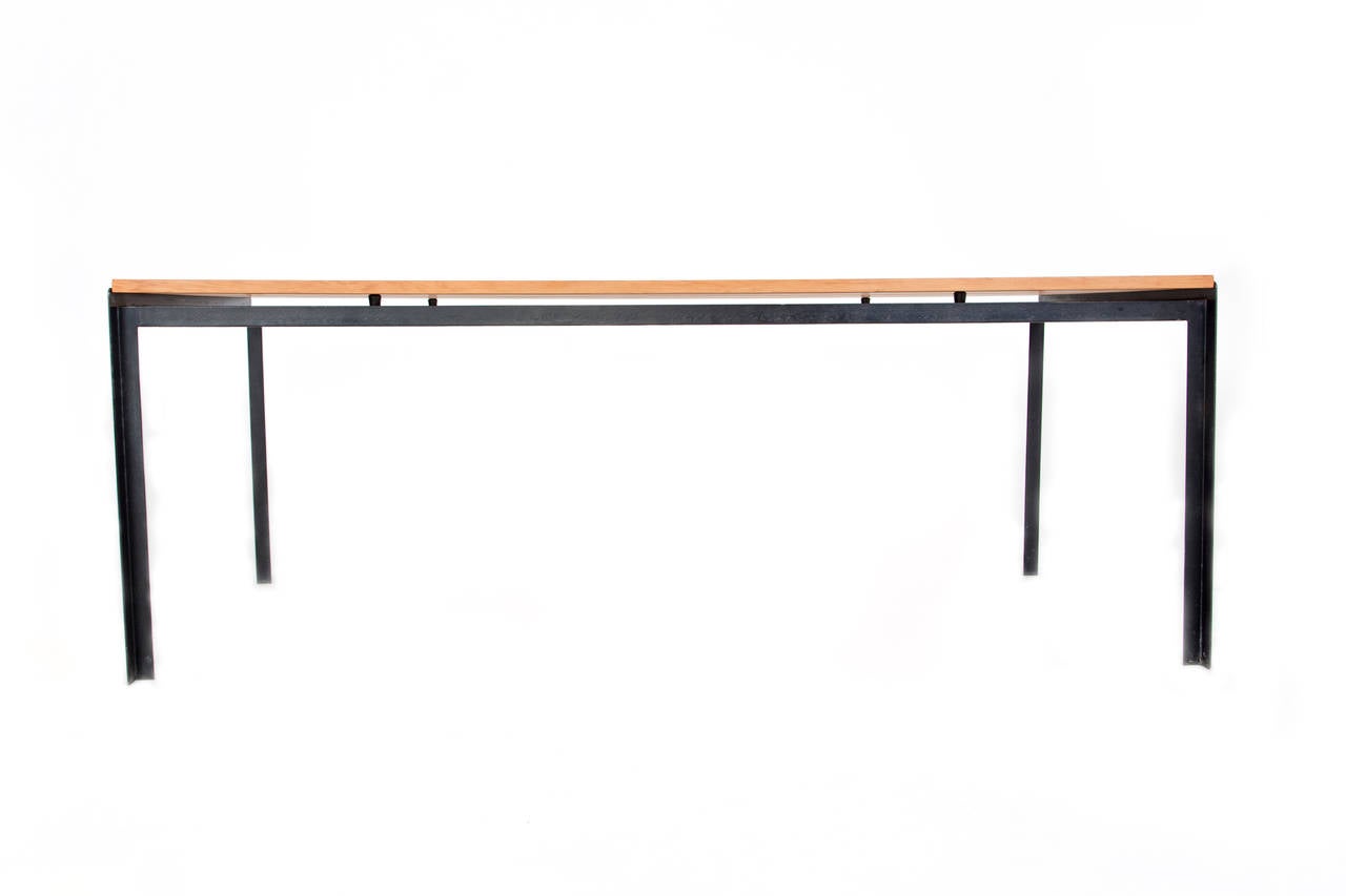 Poul Kjærholm
Professor table

Oregon Pine top, black-varnished angle iron base. 

Produced by Rud. Rasmussen for The Royal Danish Academy of Fine Arts 1956 

185 cm, W. 85 cm, H. 69 cm.

Original fixtures from the school.