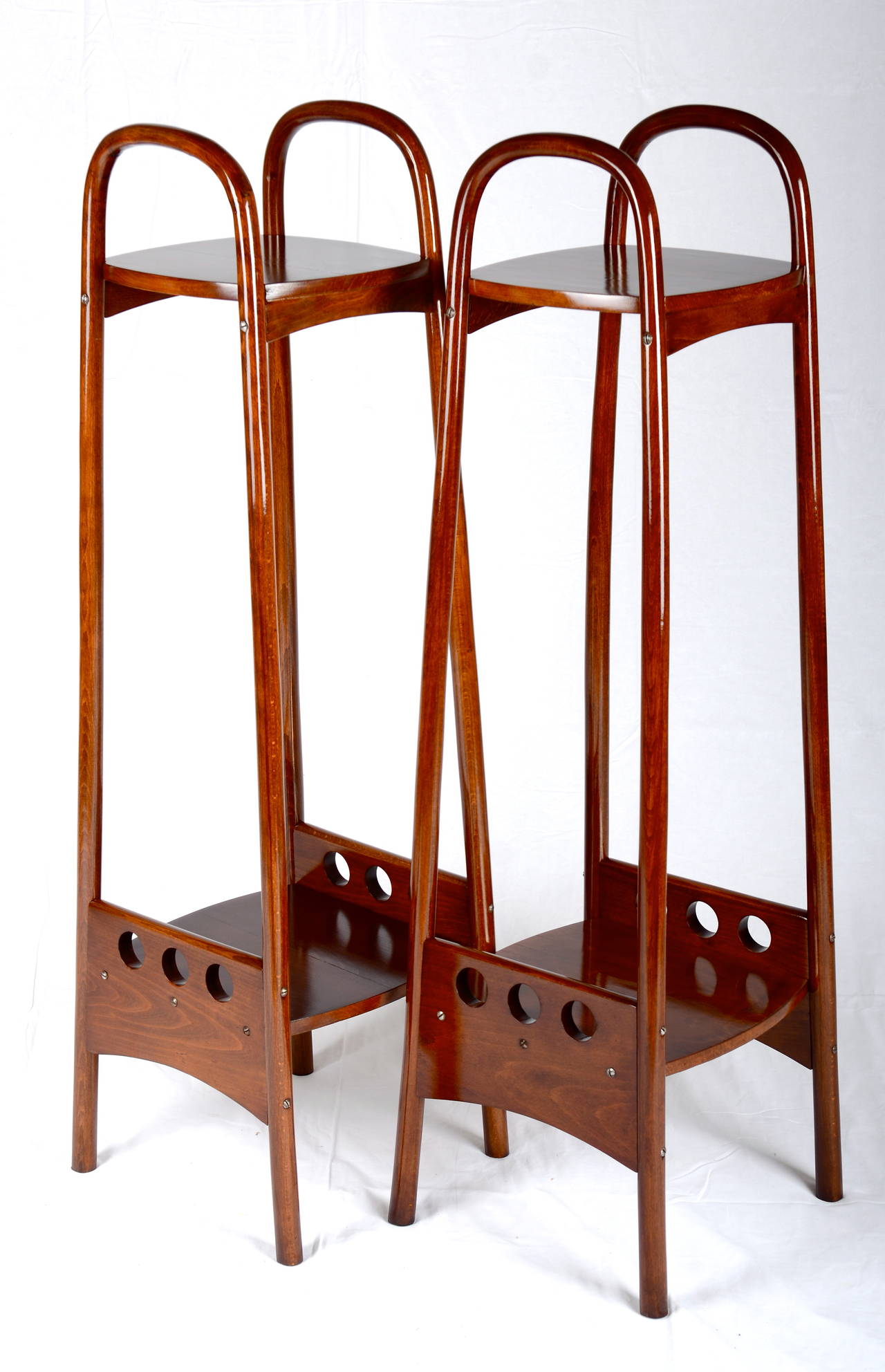 Pair of Thonet flower stands no. 21 (9521) designed by Josef Hoffmann, circa 1904.
Stands are professionally restored with shellac finish.