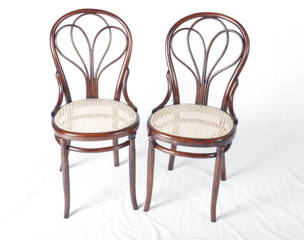 Pair of Thonet no. 25 chairs with original bentwood frame in walnut stained beech with new cane seat. 
Not signed, fully restored with shellac finish.
