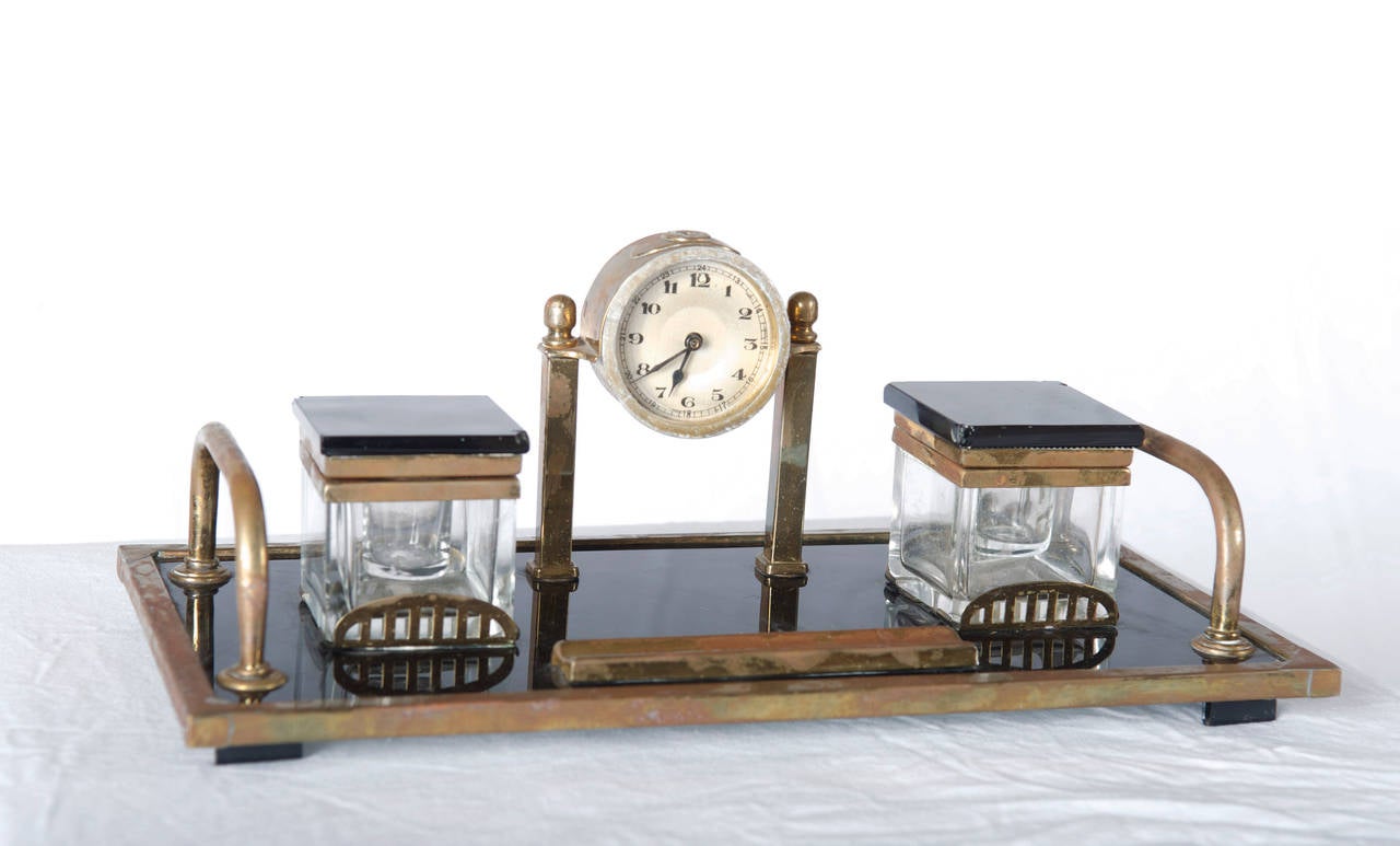 Vienna Secession Desk Set in original condition 
Black glass and brass 
(the watch was restored)
