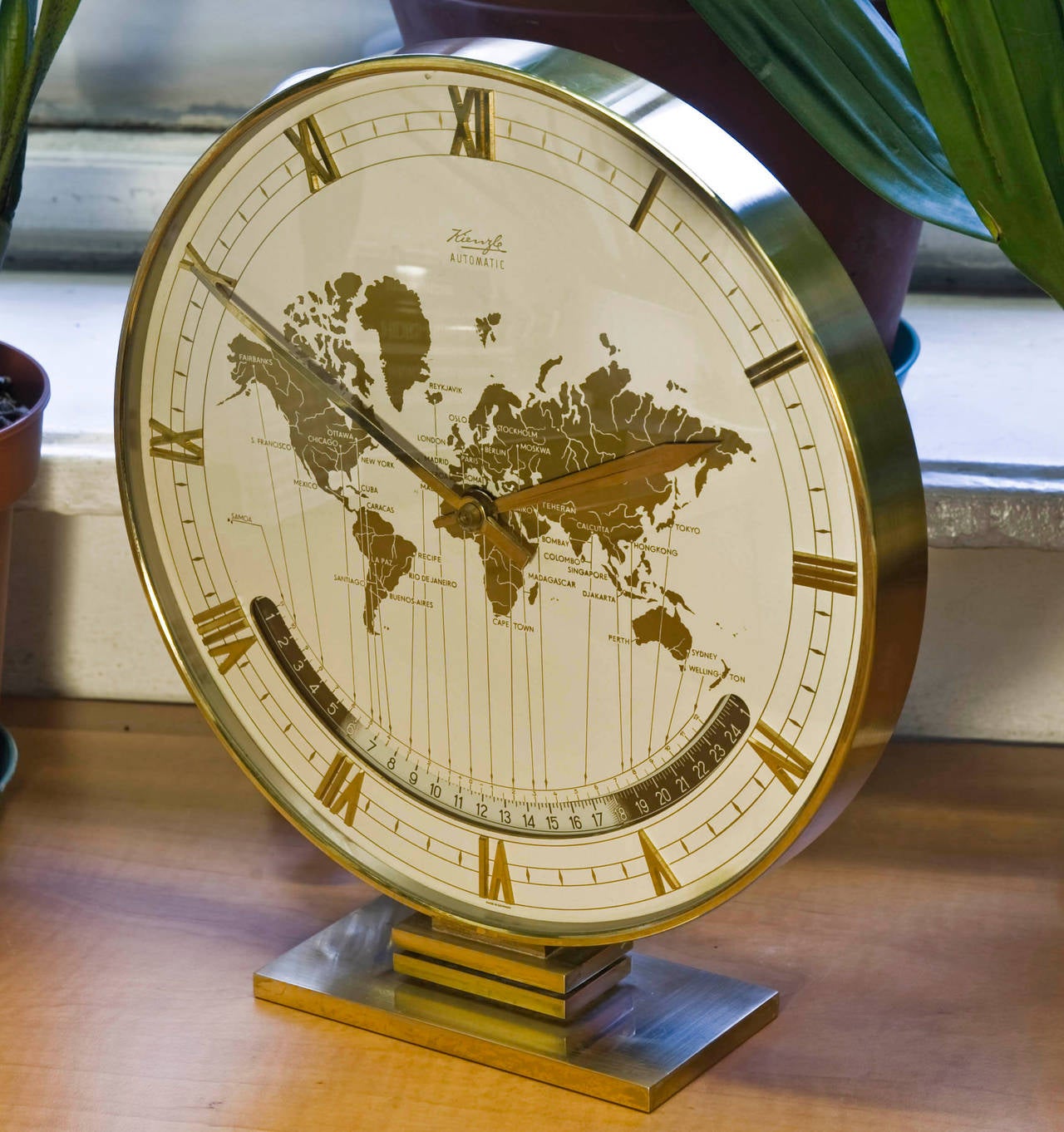 German Big Kienzle Weltzeituhr Modernist Table World Timer Zone Clock, 1960s
