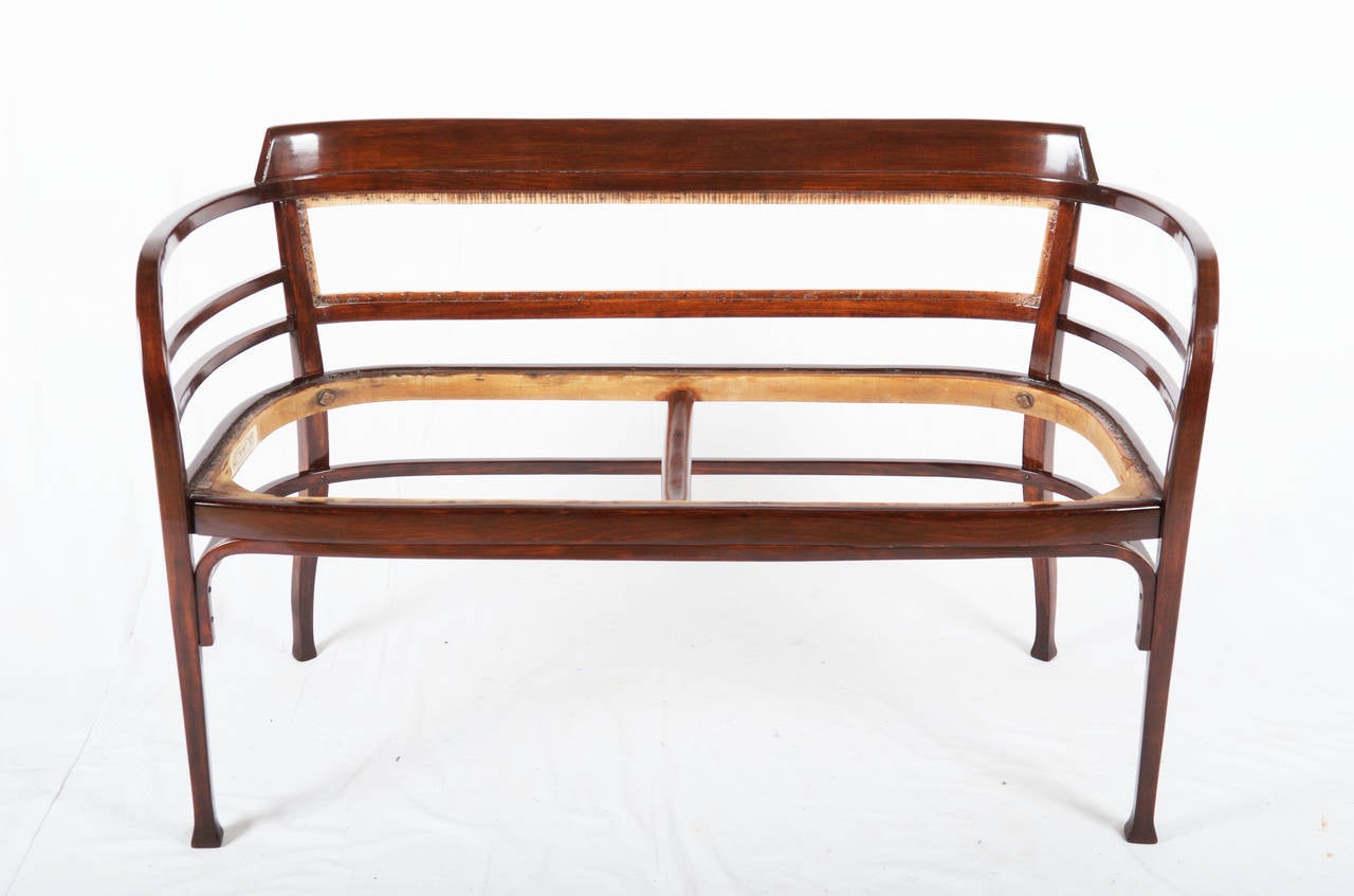Vienna Secession Thonet bench attribute to Otto Wagner.
This bench is already restored will be covered to customer specification. 
Wood is already dark nut stained.

There are two additional which are still unrestored.
Delivery time is about