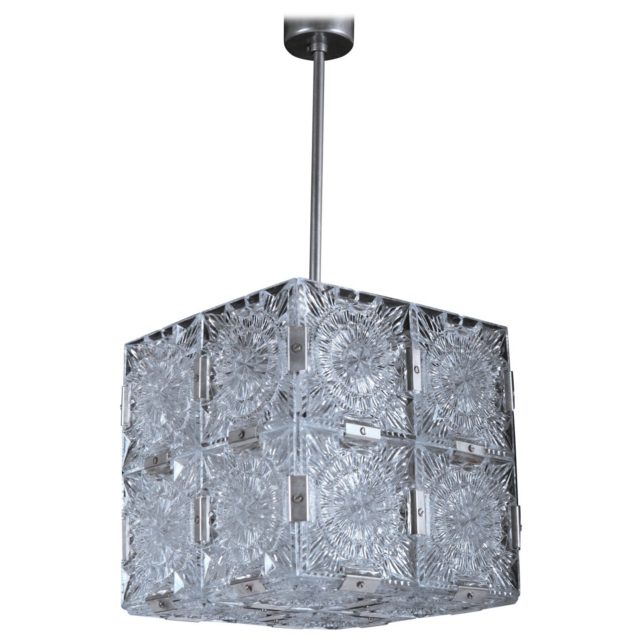 Mid-Century Cube Form Pendant Ceiling Fixture Featuring Etched Glass by Kalmar For Sale