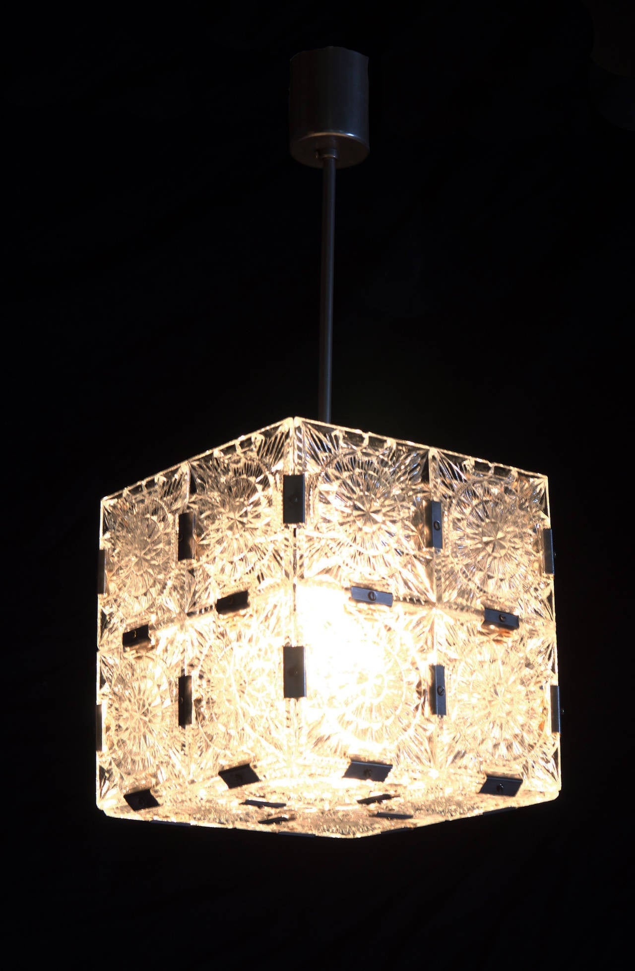 Austrian Mid-Century Cube Form Pendant Ceiling Fixture Featuring Etched Glass by Kalmar For Sale