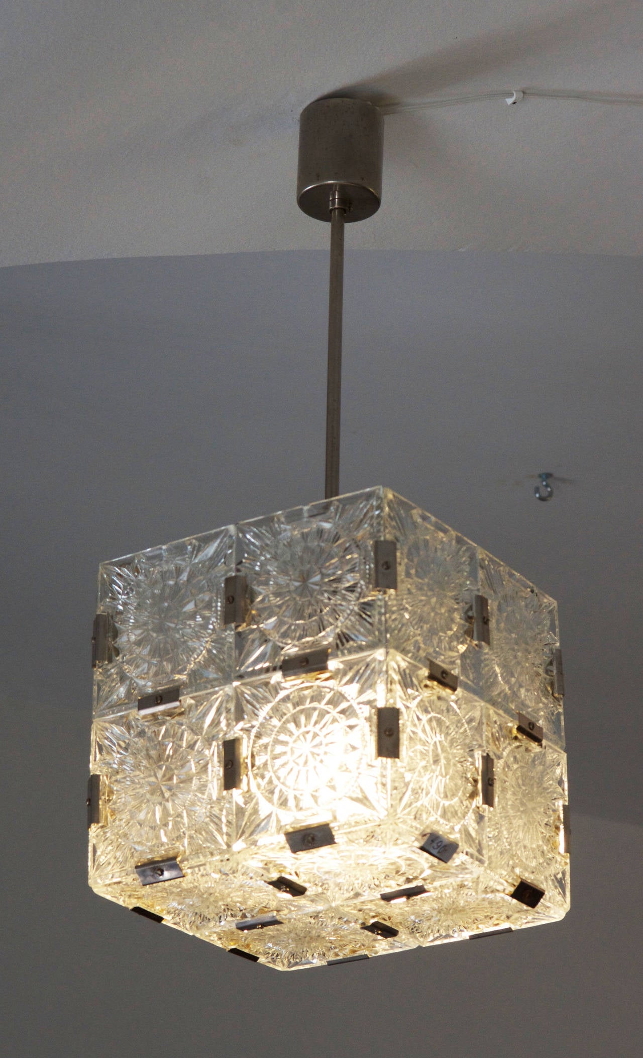 20th Century Mid-Century Cube Form Pendant Ceiling Fixture Featuring Etched Glass by Kalmar For Sale