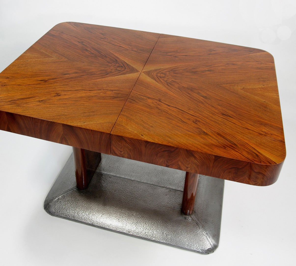 Art deco dining table H-356 by Jindrich Halabala for UP Zavody from about 1930's.
central panel with extension of 580mm. 
The material is a combination of solid wood and walnut veneer. 
Table top has a thickness of 100 mm. Two distinctive