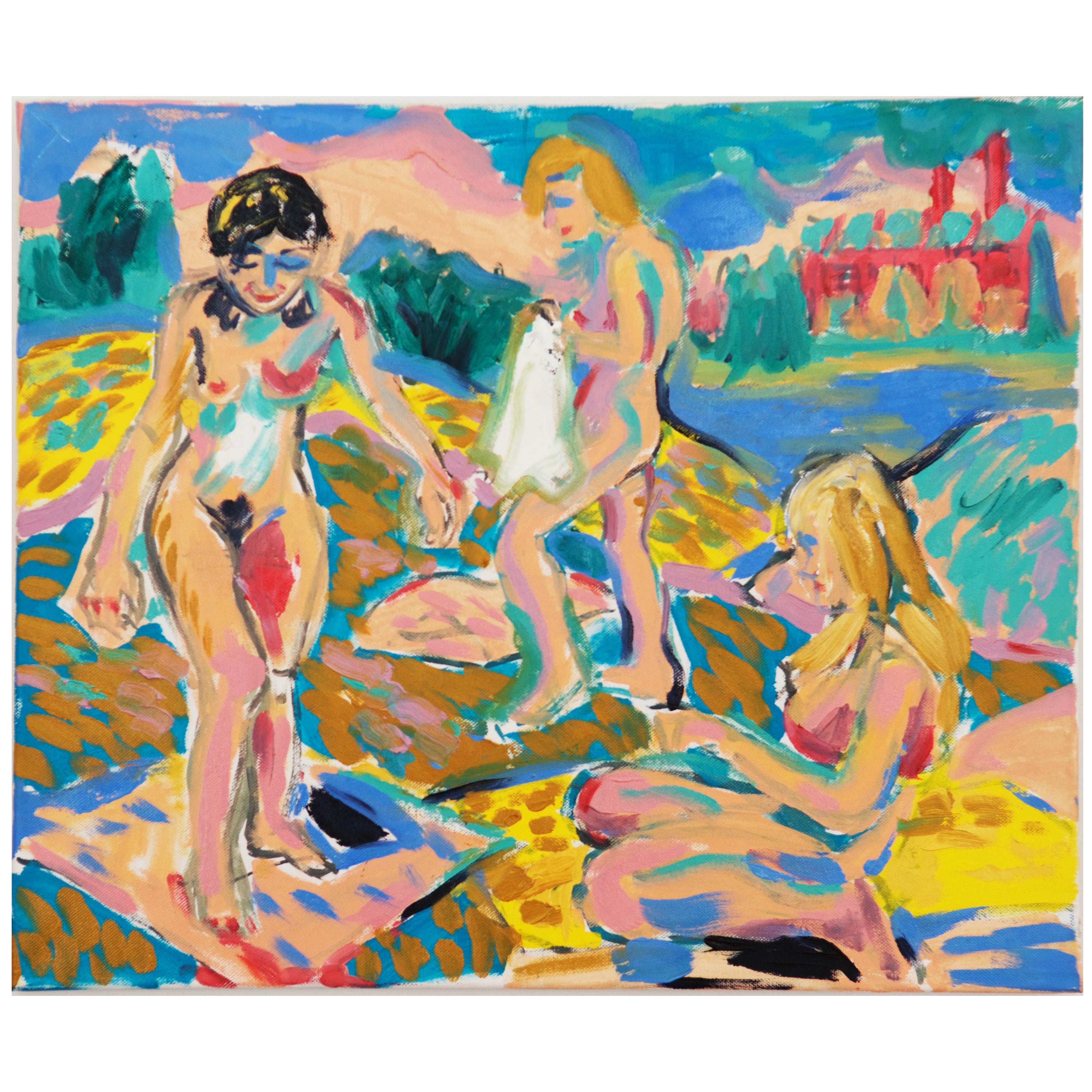 Wolfgang Glechner Oil on Canvas "Women Bathing at the Gravel Pond" For Sale