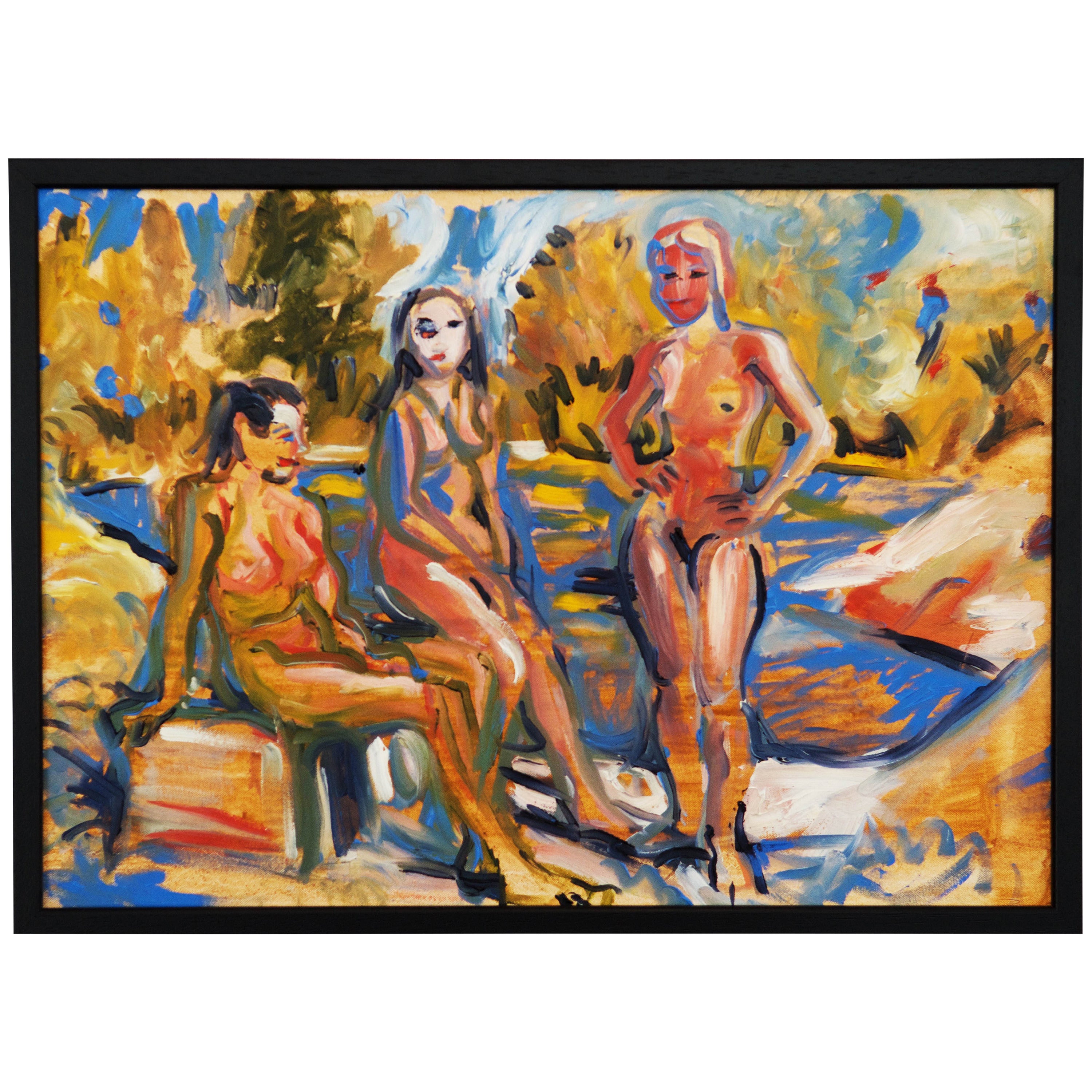 Wolfgang Glechner Oil on Canvas "Three Women At The Lake" For Sale