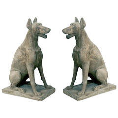 Antique Pair of Cast Stone Garden Statuary Dogs