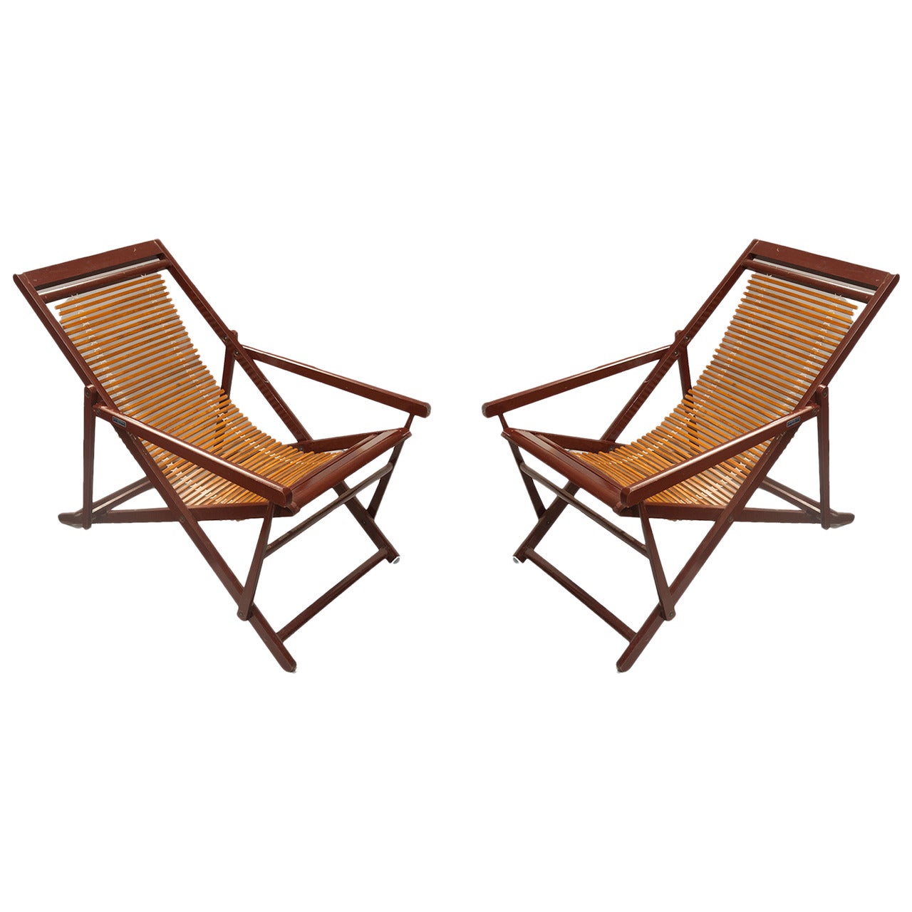 Pair of Vintage Chinese Bamboo and Lacquer Slat-Back Reclining Lounge Chairs