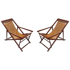 Pair of Vintage Chinese Bamboo and Lacquer Slat-Back Reclining Lounge Chairs