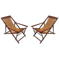 Pair of Vintage Chinese Bamboo and Lacquer Slat-Back Reclining Lounge Chairs