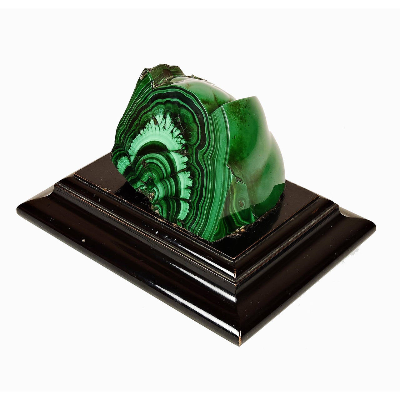Exceptionally large Grand Tour malachite specimen, on a carved wood fitted stand.
Dimensions of specimen: 4 × 5 × 4 inches. On stand: 5.5 × 10 × 7.5 inches.