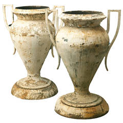 19th Century Pair of Massive Garden, Paint Decorated Iron Urn Form Planters