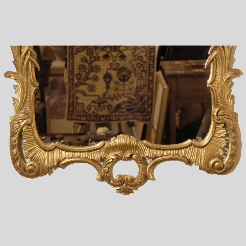 Ornately carved giltwood wall mirror, made in Italy. In extremely good condition. Glass is most likely new. 
Dimensions: 52 × 32 inches.
