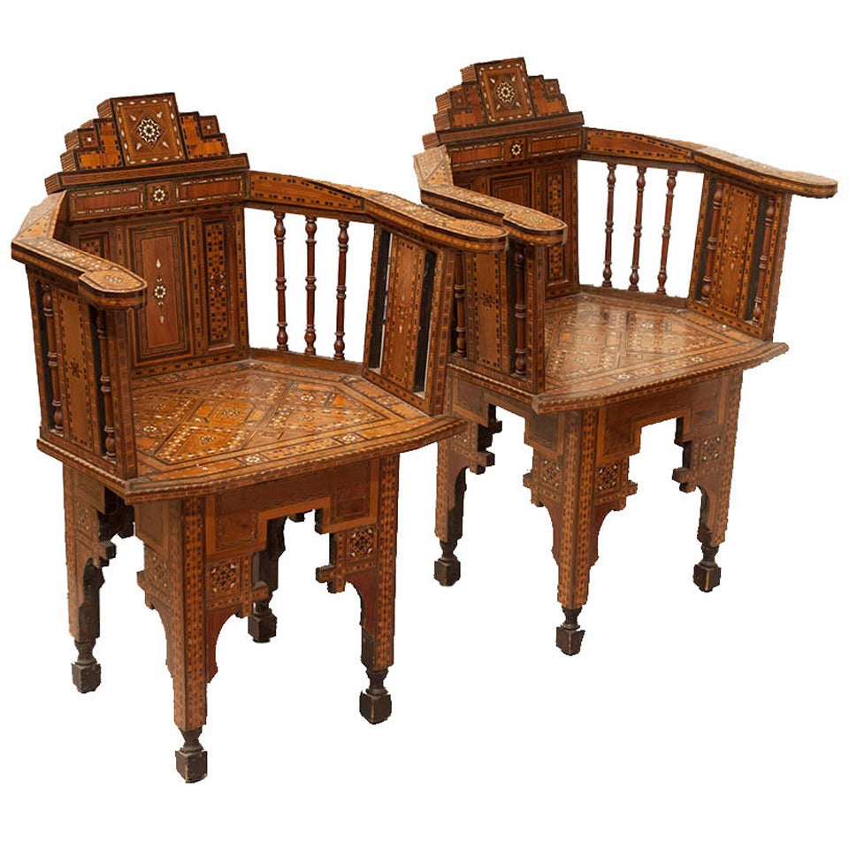 Pair of Antique Middle Eastern Inlaid Ebony and Rosewood Armchairs For Sale